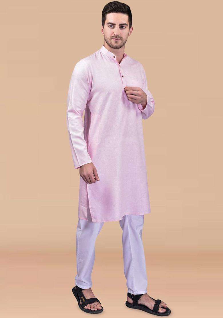 Pink Solid Cotton Kurta Set For Men - Indya