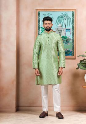 Green Woven Design Silk Kurta Set For Men