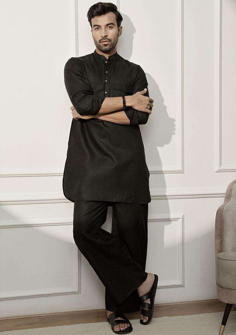Black Solid Cotton Kurta Set For Men - Indya