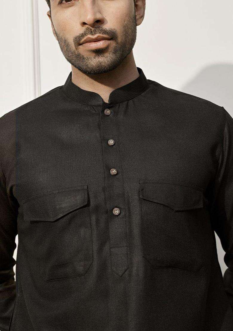 Black Solid Cotton Kurta Set For Men - Indya