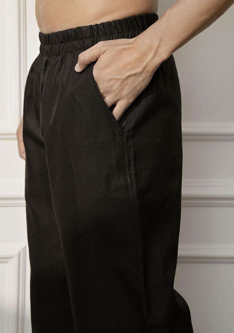 Black Solid Cotton Kurta Set For Men - Indya