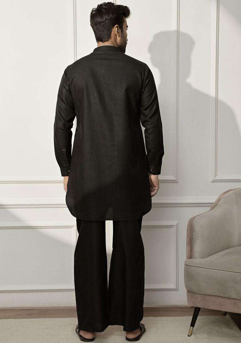 Black Solid Cotton Kurta Set For Men - Indya