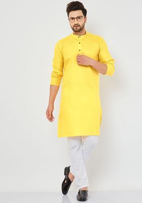 Yellow Solid Cotton Kurta Set For Men