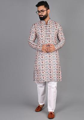 Beige Printed Cotton Kurta Set For Men