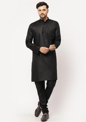 Black Solid Cotton Kurta Set For Men
