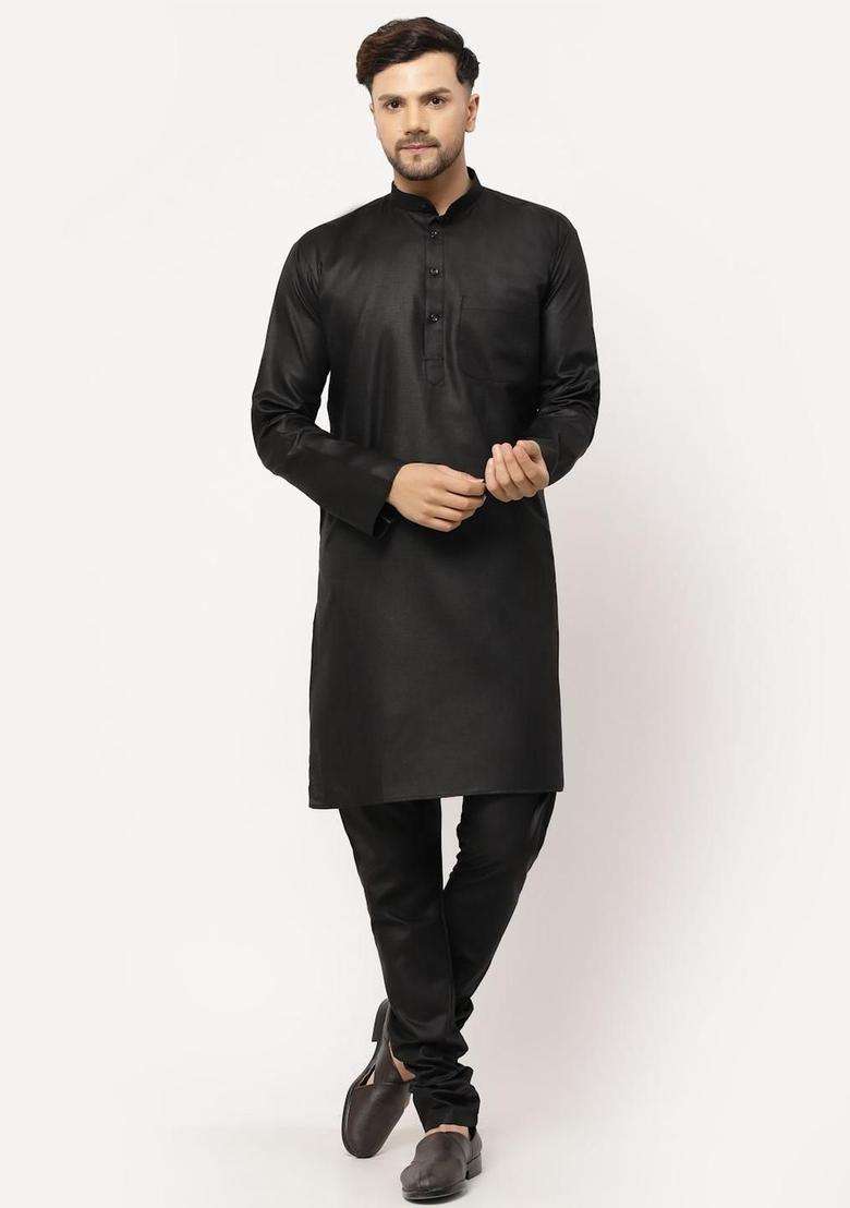 Black Solid Cotton Kurta Set For Men - Indya