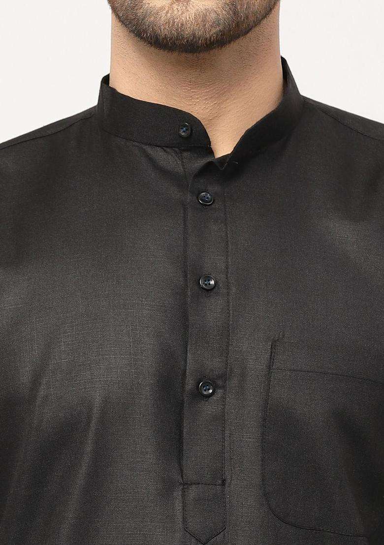 Black Solid Cotton Kurta Set For Men - Indya