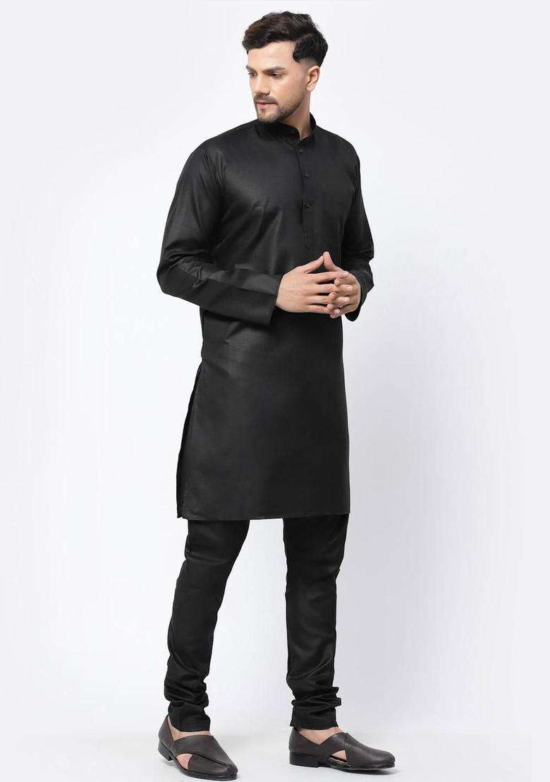 Black Solid Cotton Kurta Set For Men - Indya
