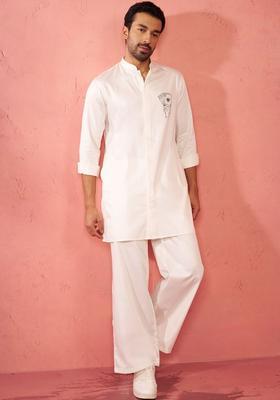 White Embroidered Satin Kurta Set For Men