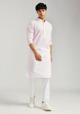 Pink Embroidered Cotton Kurta Set For Men