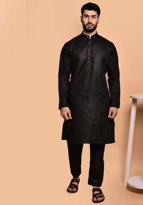Black Solid Cotton Kurta Set For Men