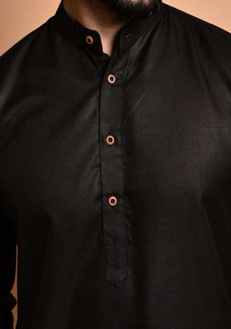 Black Solid Cotton Kurta Set For Men - Indya