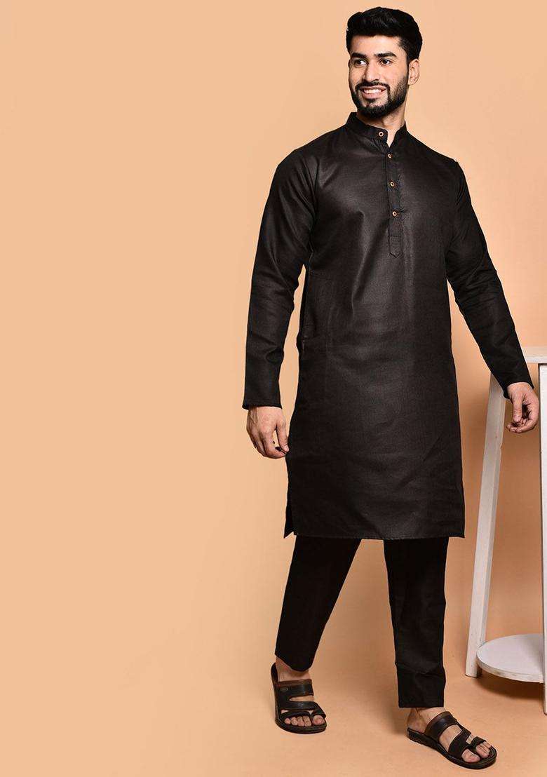 Black Solid Cotton Kurta Set For Men - Indya