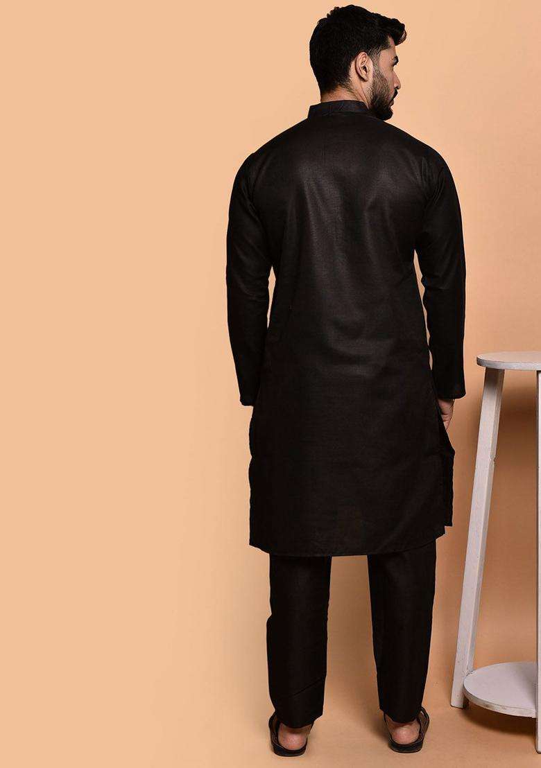 Black Solid Cotton Kurta Set For Men - Indya