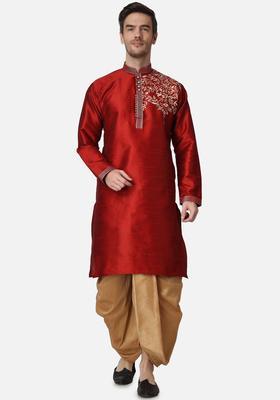 Maroon Embroidered Silk Kurta Set For Men