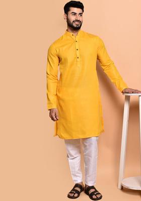 Yellow Solid Cotton Kurta Set For Men