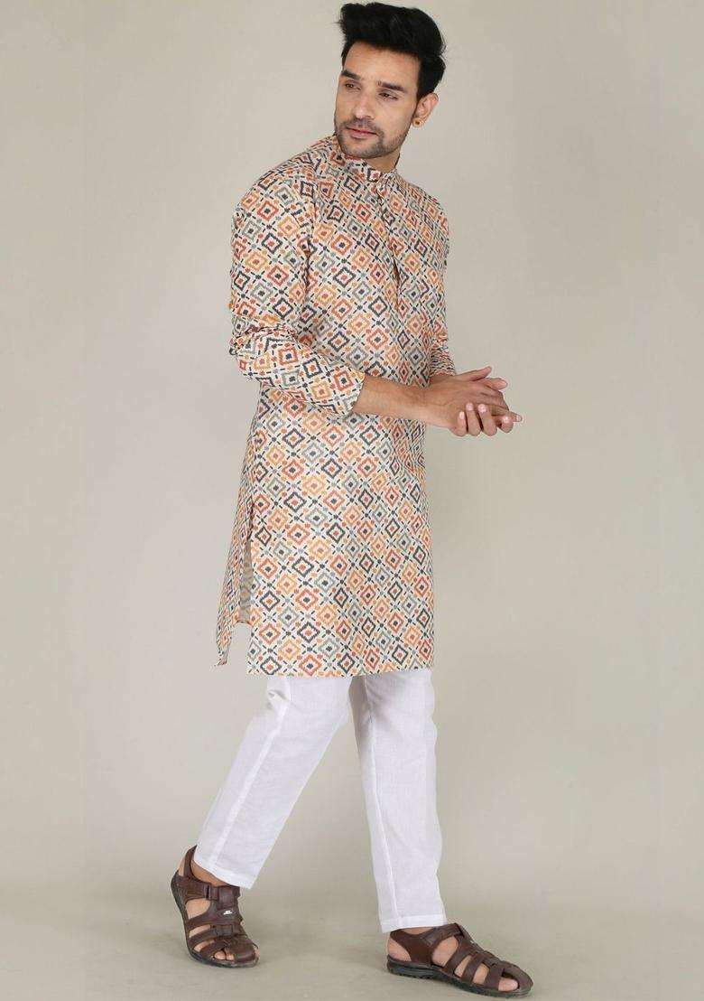 Multi Printed Cotton Kurta Set For Men - Indya