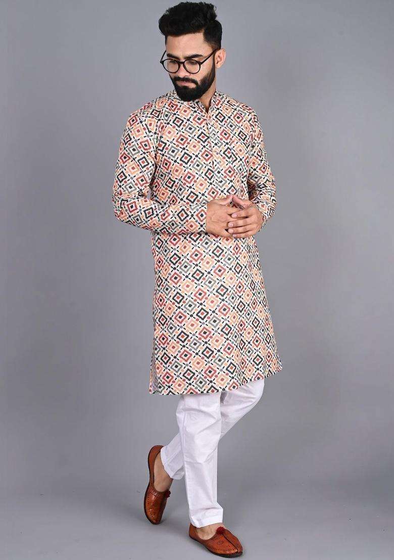 Multi Printed Cotton Kurta Set For Men - Indya