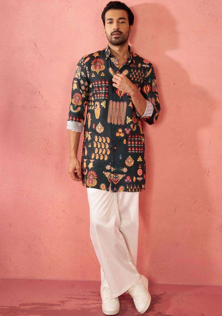 Black Printed Viscose Kurta Set For Men - Indya