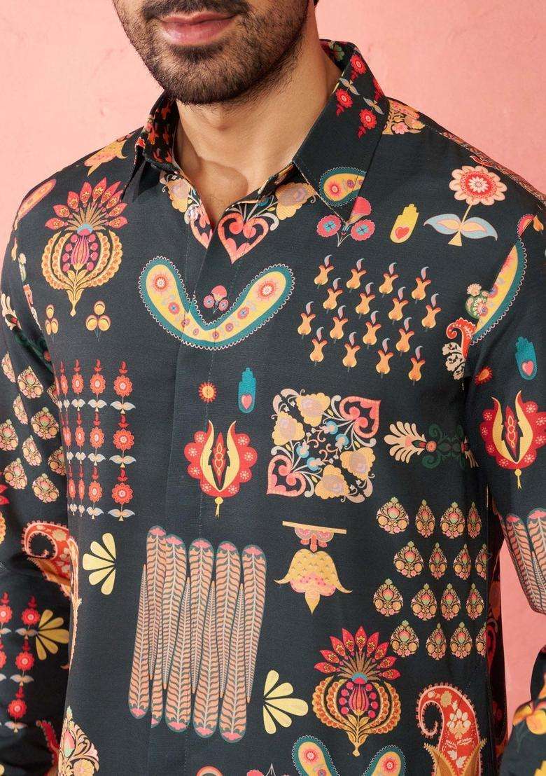 Black Printed Viscose Kurta Set For Men - Indya