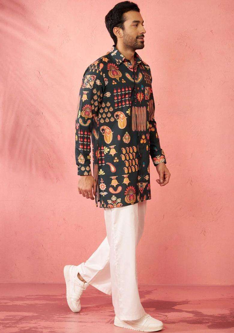 Black Printed Viscose Kurta Set For Men - Indya