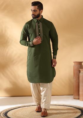 Green Embroidered Silk Kurta Set For Men