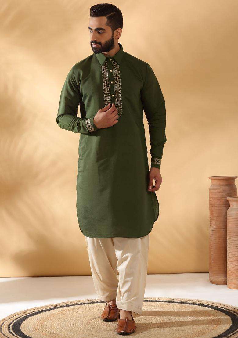 Green Embroidered Silk Blend Kurta Set For Men - Indya
