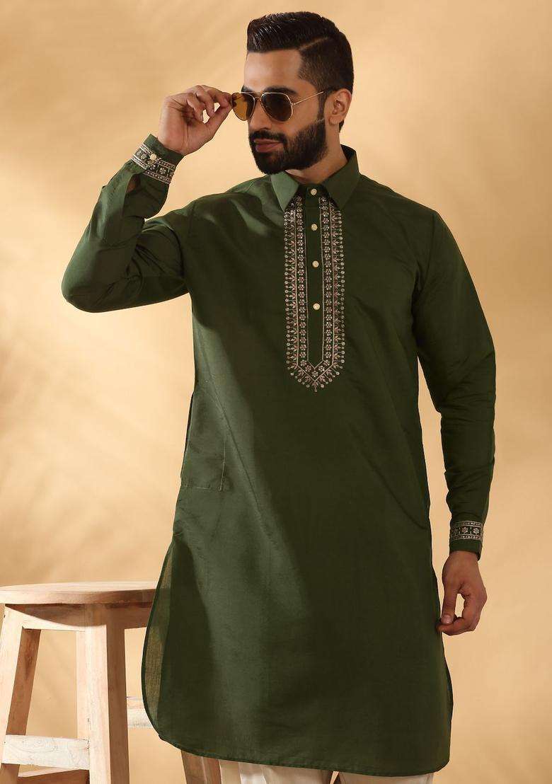 Green Embroidered Silk Blend Kurta Set For Men - Indya