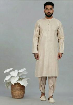 Off White Striped Cotton Kurta Set For Men