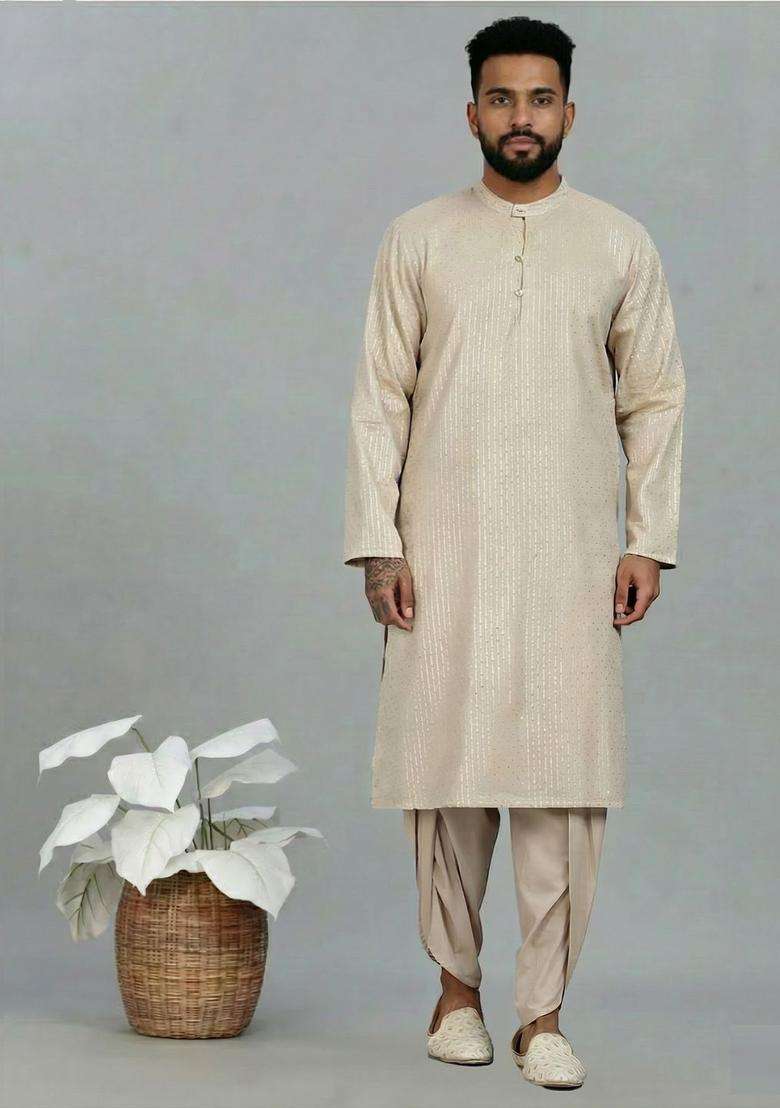 Off White Striped Cotton Kurta Set For Men - Indya
