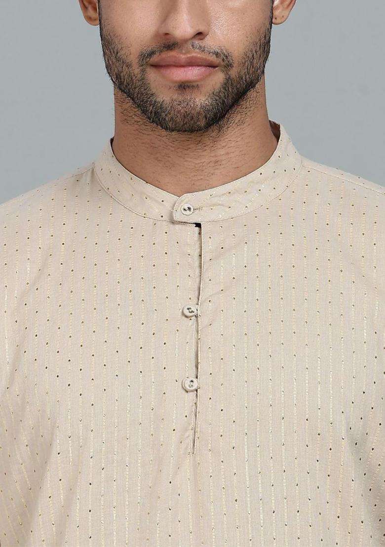 Off White Striped Cotton Kurta Set For Men - Indya