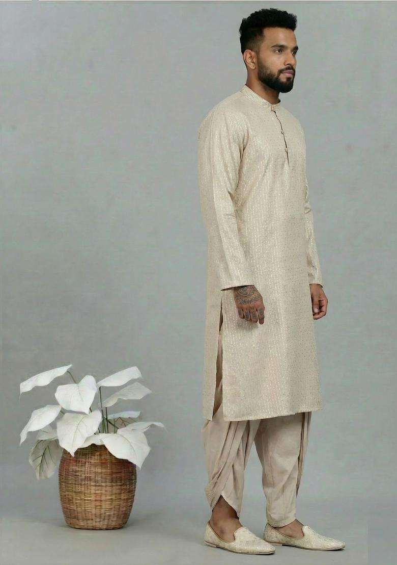 Off White Striped Cotton Kurta Set For Men - Indya