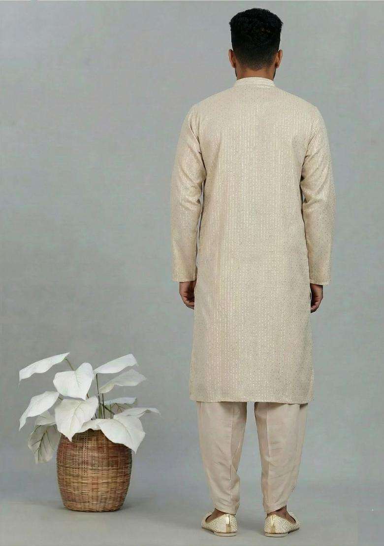 Off White Striped Cotton Kurta Set For Men - Indya