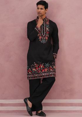 Black Embroidered Silk Kurta Set For Men