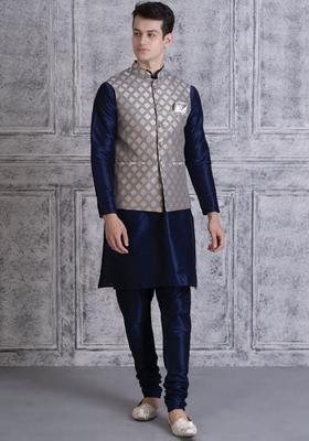 Navy Blue Solid Silk Kurta Set For Men