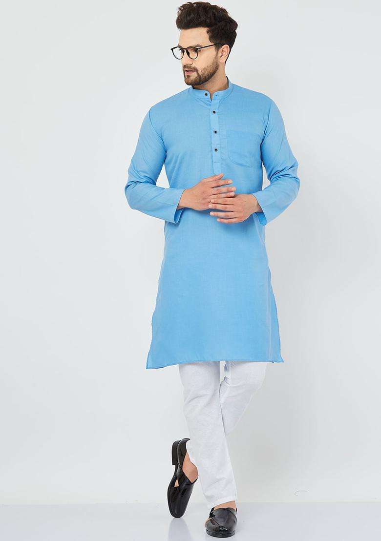 Blue Solid Cotton Kurta Set For Men - Indya