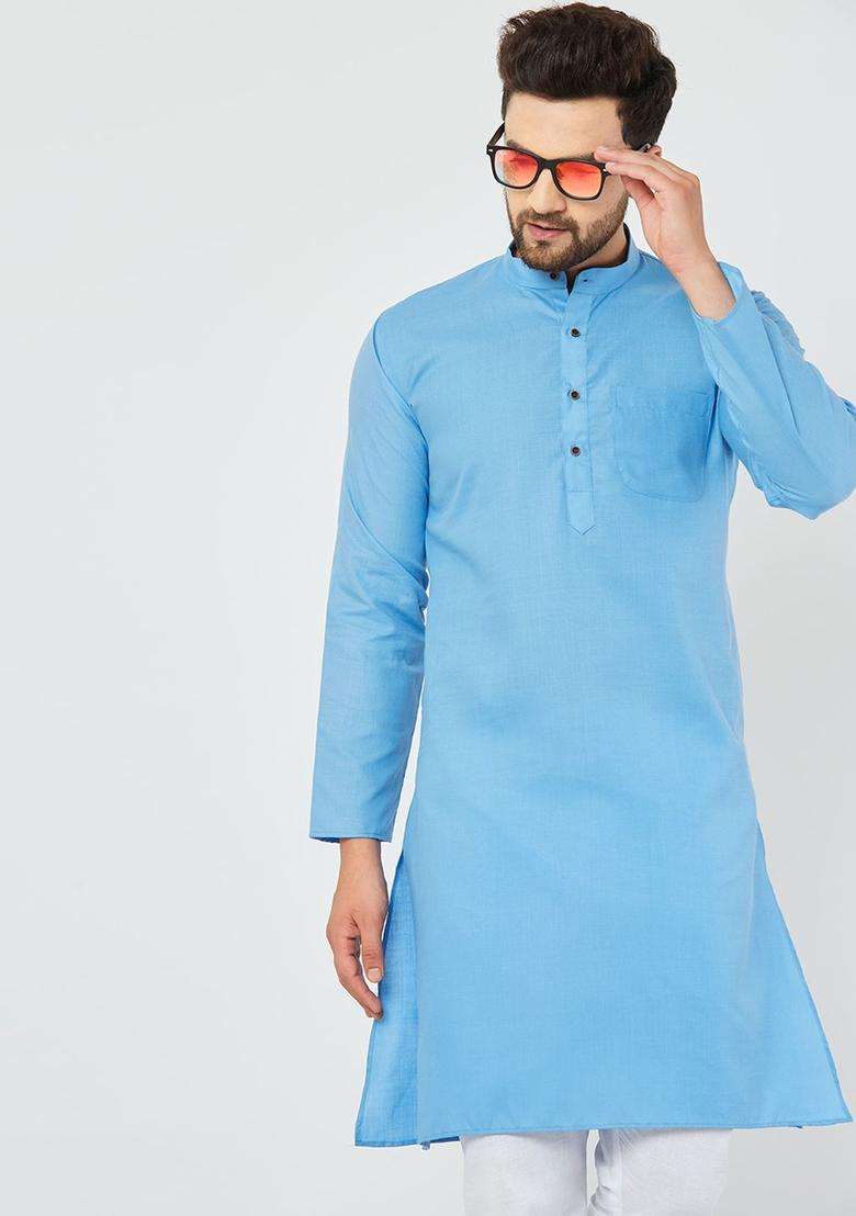 Blue Solid Cotton Kurta Set For Men - Indya