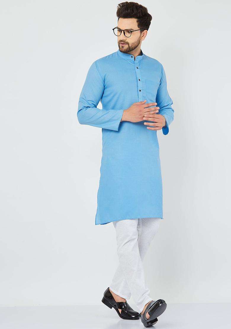 Blue Solid Cotton Kurta Set For Men - Indya