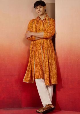 Yellow Printed Viscose Kurta Set For Men