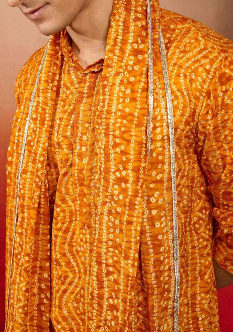 Yellow Printed Viscose Kurta Set For Men - Indya