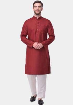 Maroon Solid Cotton Kurta Set For Men