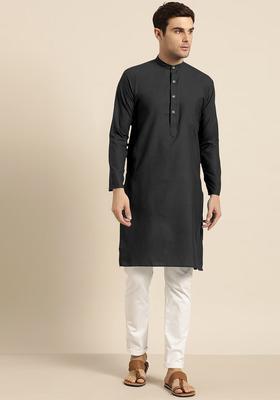 Black Solid Cotton Kurta Set For Men