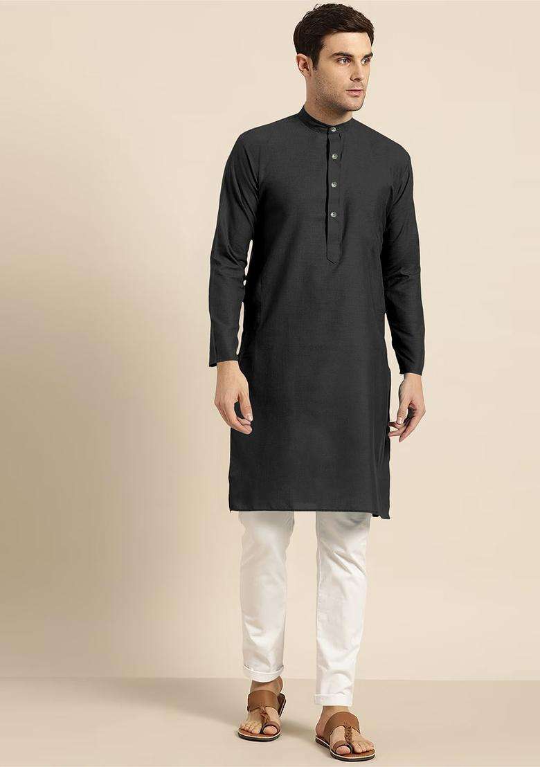 Black Solid Cotton Kurta Set For Men - Indya