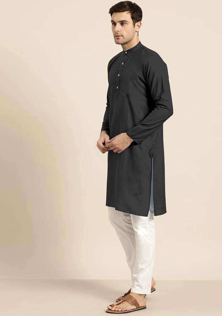 Black Solid Cotton Kurta Set For Men - Indya