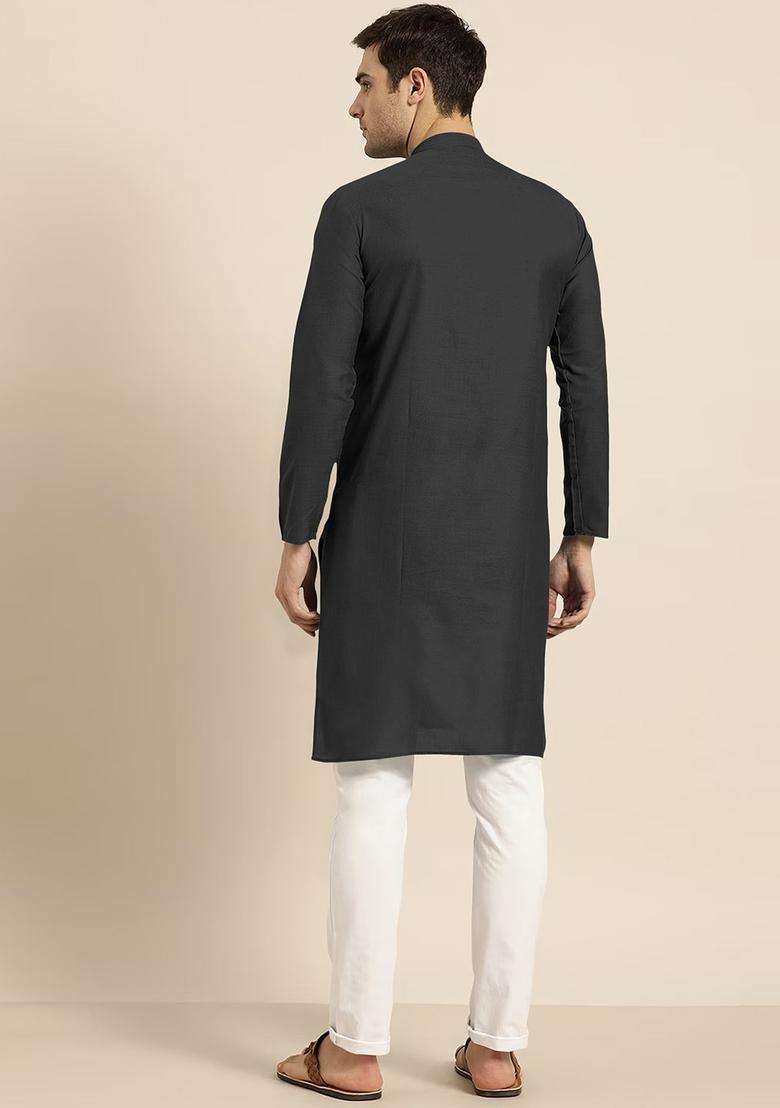 Black Solid Cotton Kurta Set For Men - Indya