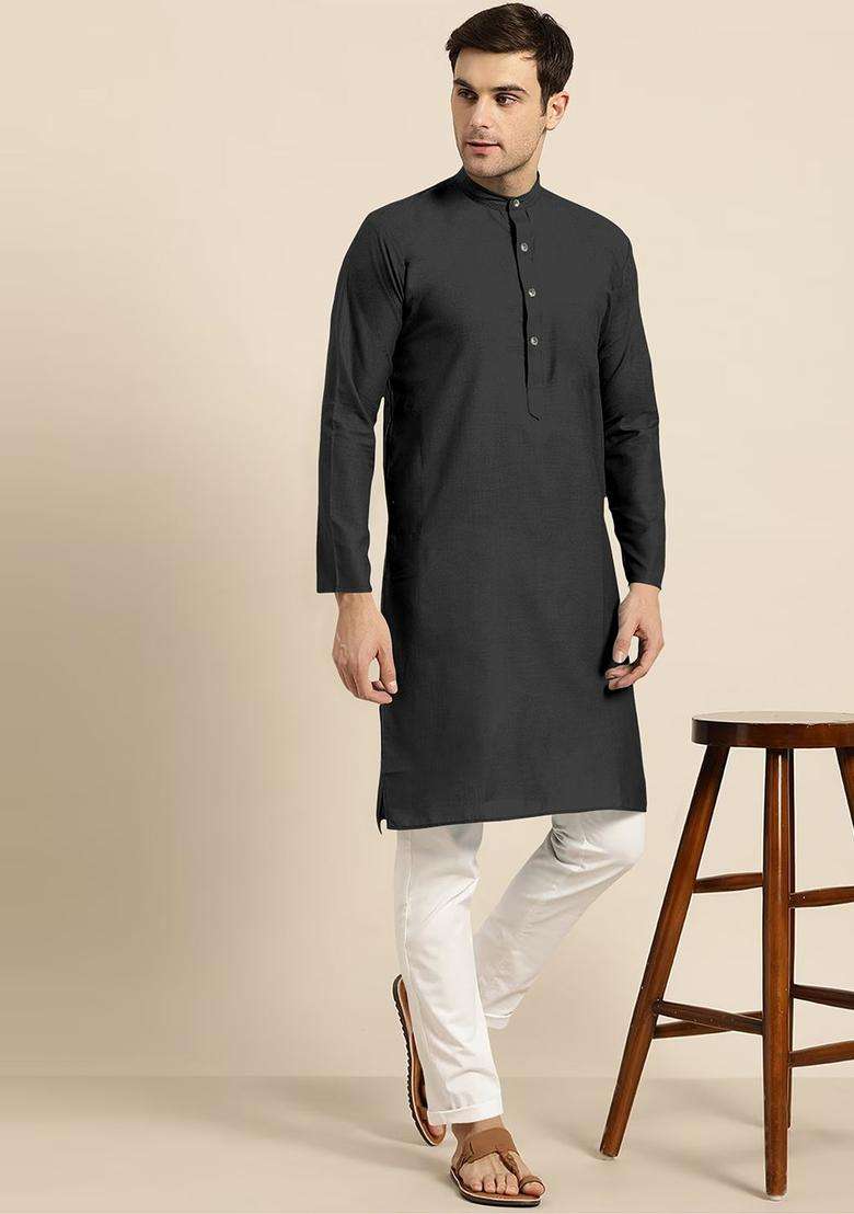 Black Solid Cotton Kurta Set For Men - Indya