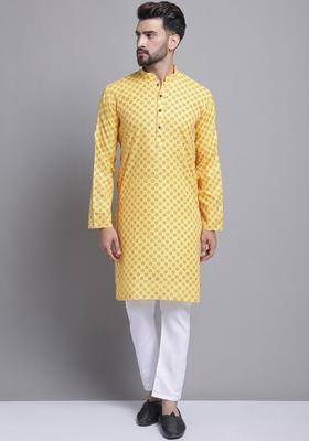 Yellow Printed Cotton Kurta Set For Men