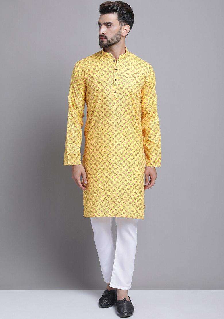 Yellow Printed Cotton Kurta Set For Men - Indya