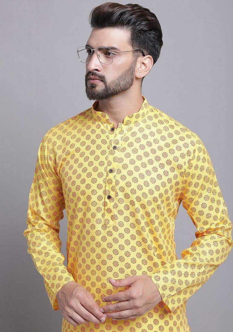 Yellow Printed Cotton Kurta Set For Men - Indya