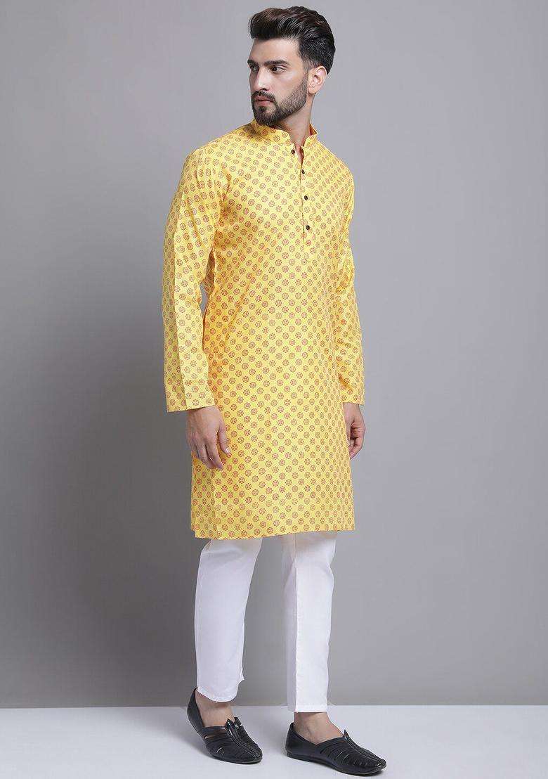 Yellow Printed Cotton Kurta Set For Men - Indya